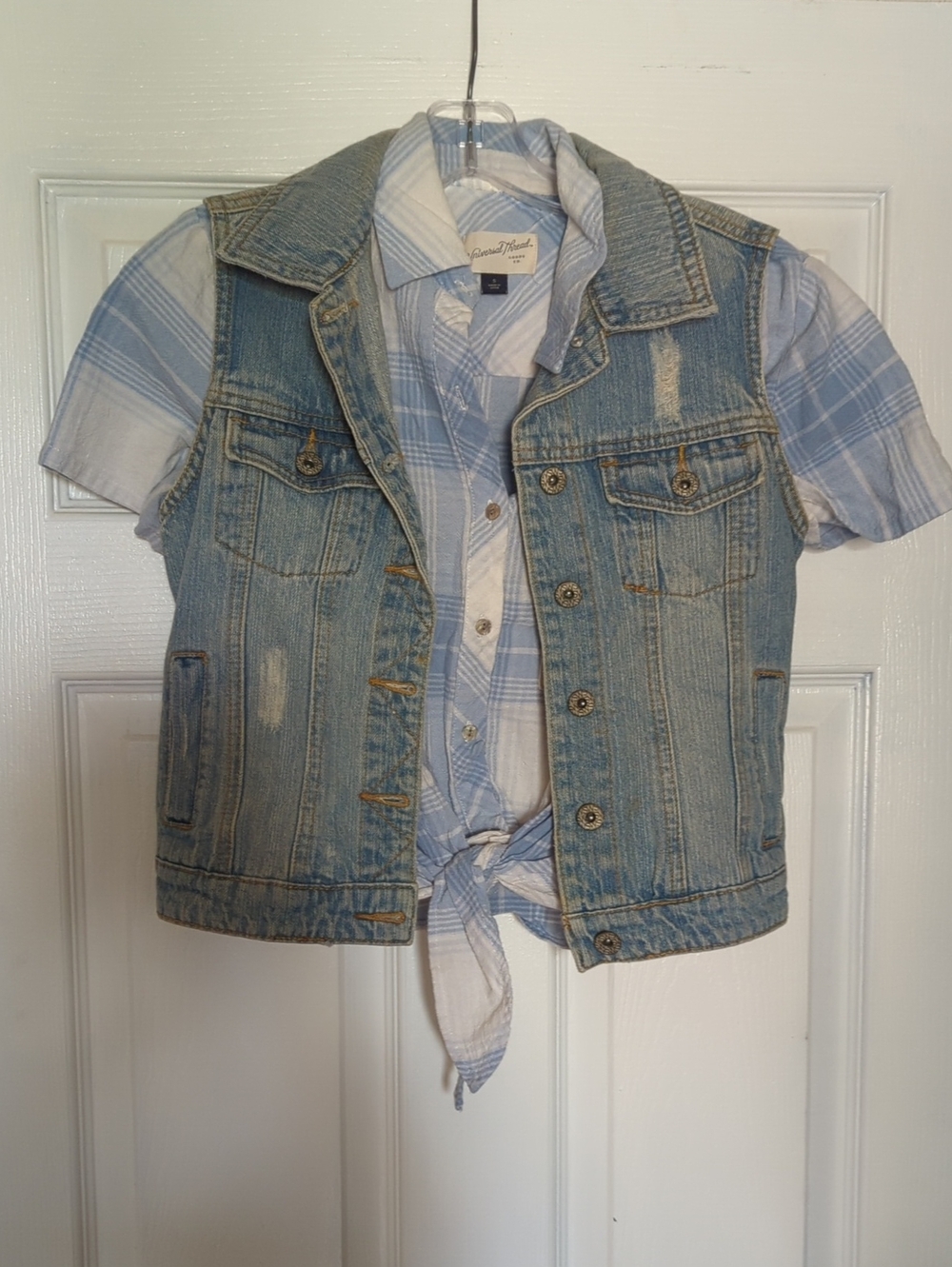 Streetwear Society (S) Blue Jean Vest And Universal Thread (S) Plaid Shirt